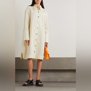 Ganni Striped Organic Cotton Seersucker Midi Shirt Dress Yellow Cream